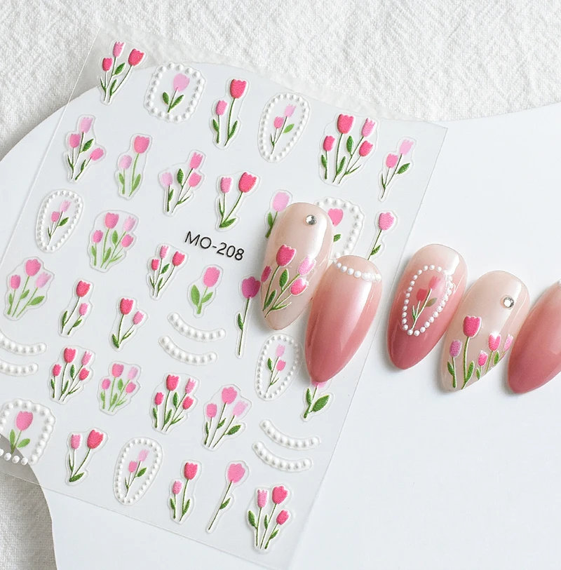5D Embossed Nail Art Decals White Blue Flowers Leaves Adhesive Sliders Nail Stickers Decorations For Manicures
