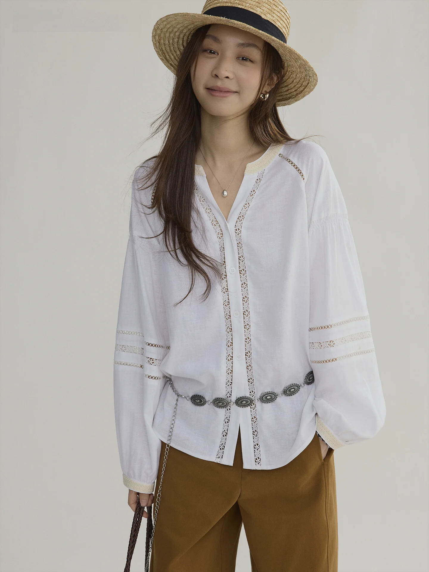 

Joli Choose Women's Lace Shirt Loose Long Sleeve V-Neck Breathable Casual Style Office Commute Top in White Color