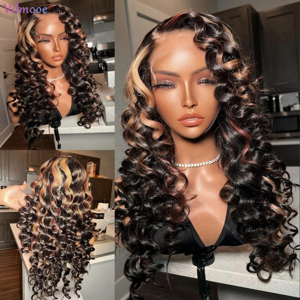 

Highights Brown Blonde Black Colored Loose Deep Wave Wig Transparent Lace Closure Wigs Pre Plucked 13x4 Silk Top Human Hair Wigs