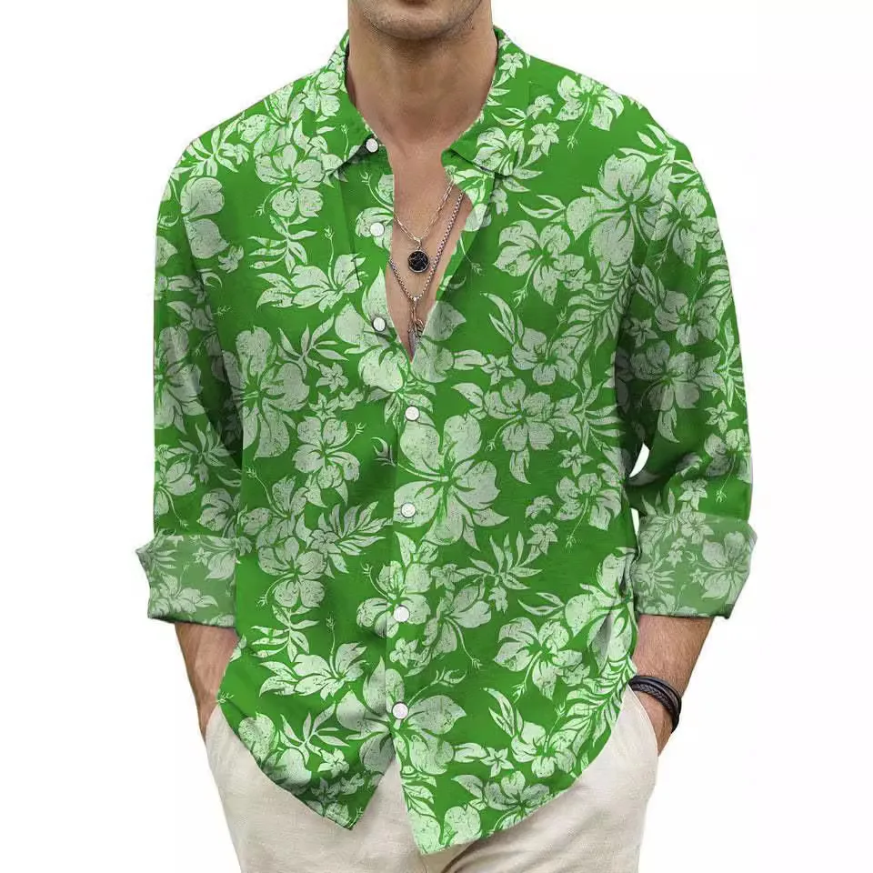 Red Floral print Hawaii Mens Casual Shirt Trend Design Luxury Long Sleeve blouse Fashion Mens Long Sleeve Button Lapel Shirt