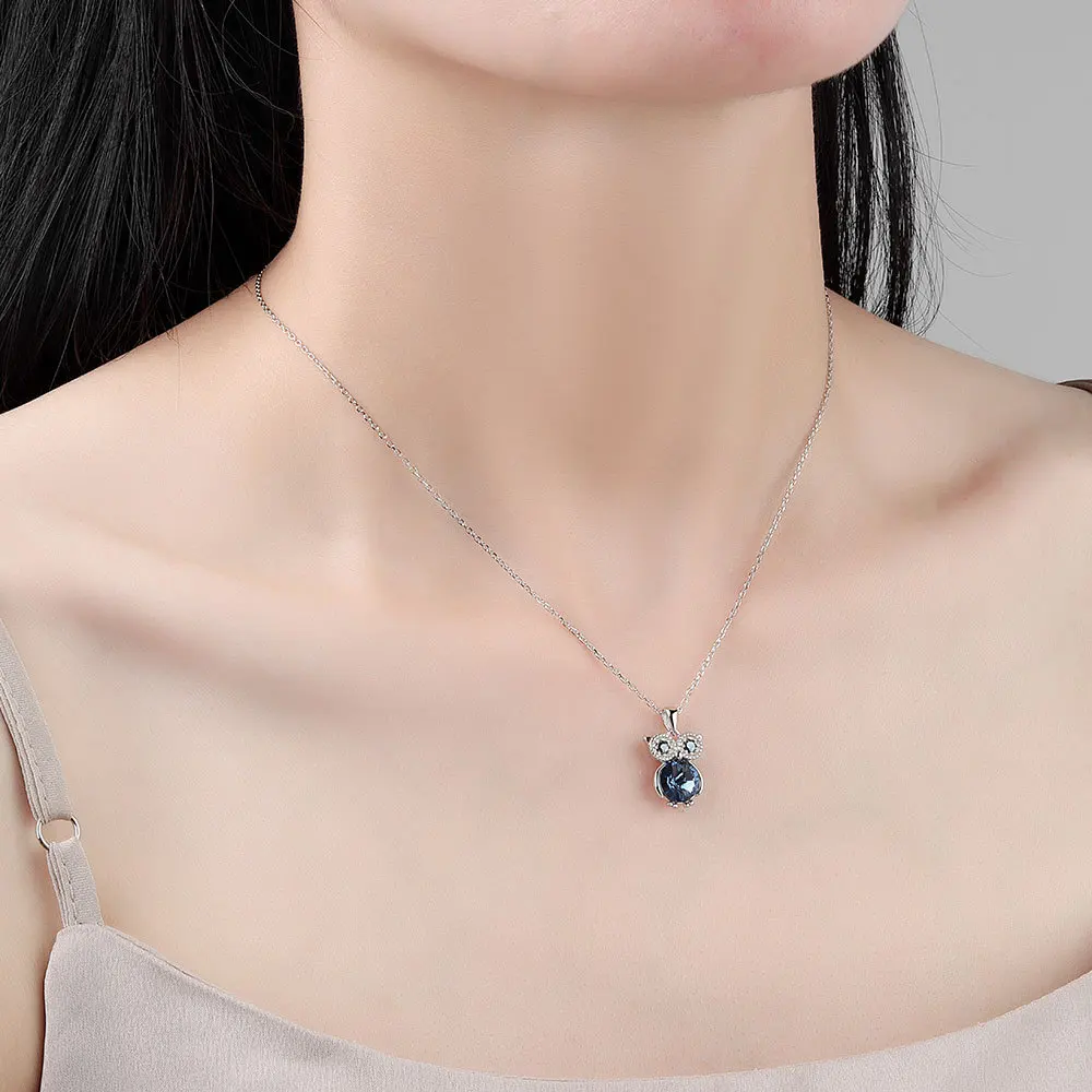 Silver color Blue Cute Owl Stone Choker Necklace For Women Wide Fine Jewelry Wedding Party Birthday Gift