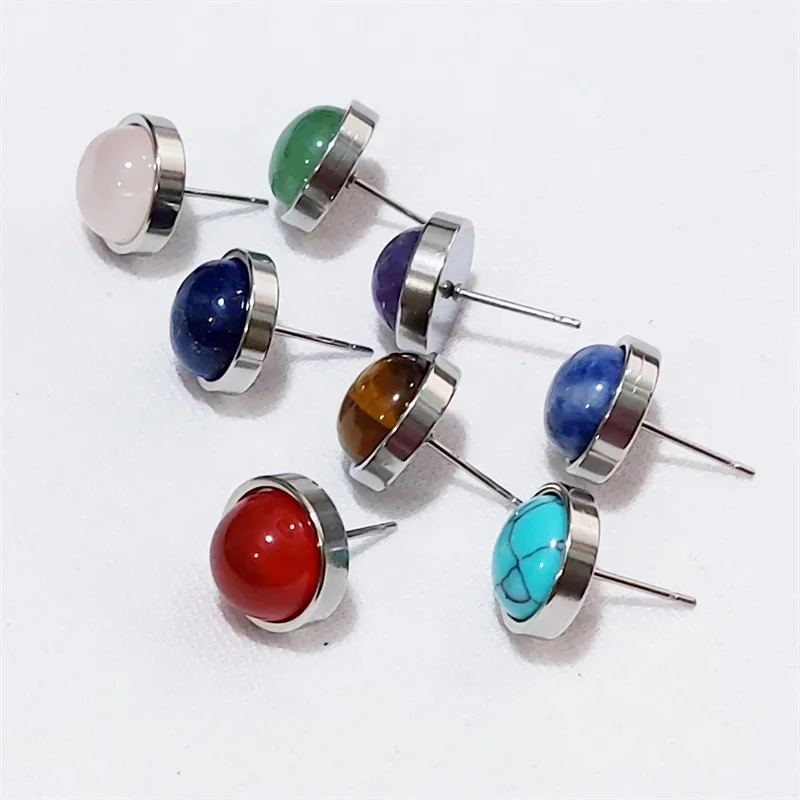 Natural Stone Earrings Healing Crystal Quartzs 10mm Round Beads Steel Stud Fashion Ear Jewelry for Women Girl Wholesale