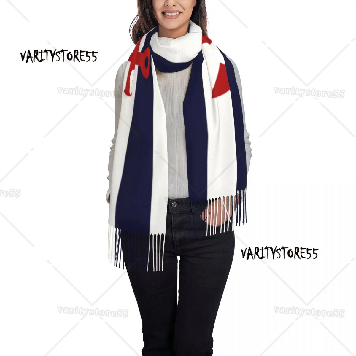 Sciarpa di nappa nautica di lusso donna inverno caldo scialle Wrap Lady Red Anchor On Navy Blue Stripes sciarpe