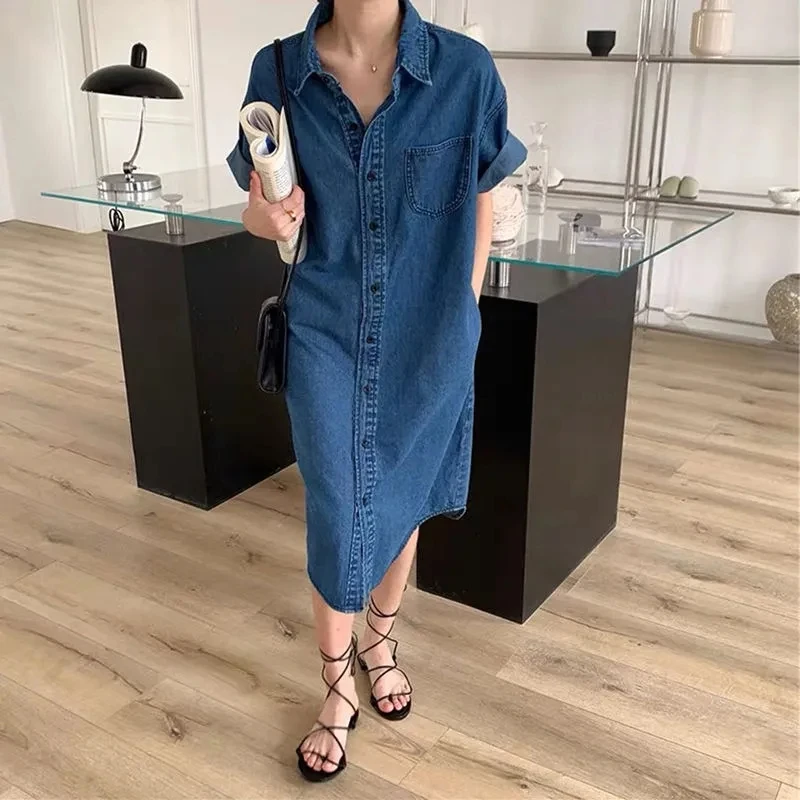

Women Retro Denim Dress Summer Spring Shirt Dress Long Skirt 2025 New Loose Denim Skirt Women Denim Coat Korean Skinny Dress
