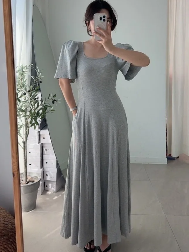 

Chic Vintage Design Knitted Dr Women's Pure Color Bubble Sve Square Collar Dr Faionable Agel Summer Gown