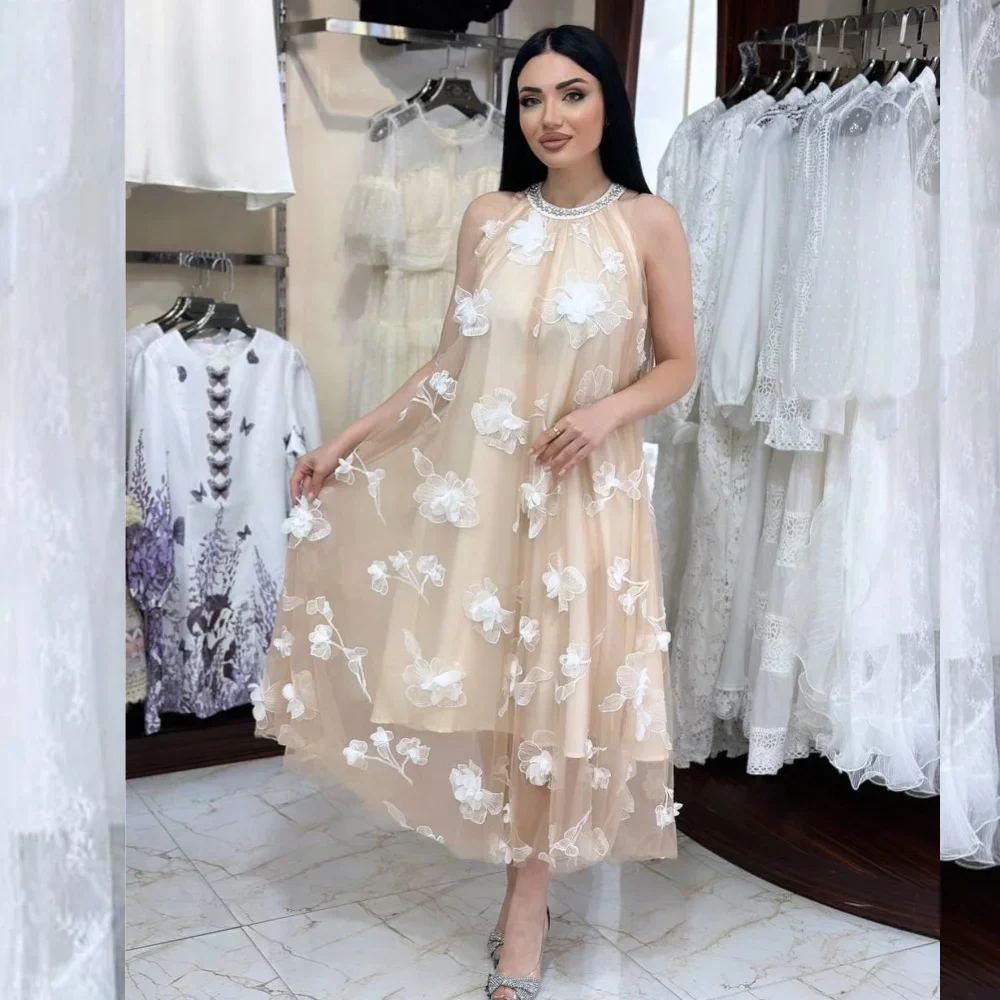 Customized Net Flower Rhinestone Graduation A-line High Collar Bespoke Occasion Gown Midi Dresses