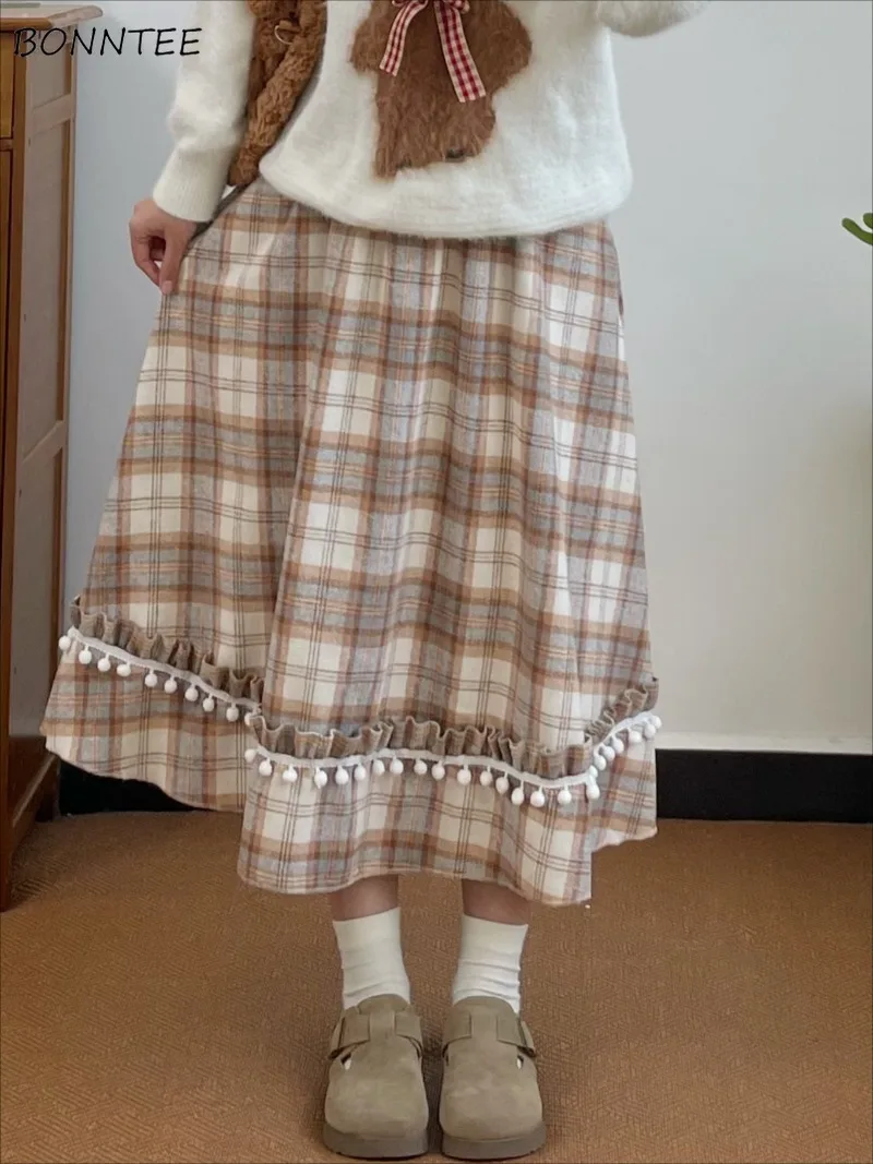 Faldas por debajo de la rodilla para mujer, Faldas Vintage bonitas a cuadros para estudiantes, moda coreana Popular de otoño, Faldas de cintura alta, dulce moda Harajuku suave