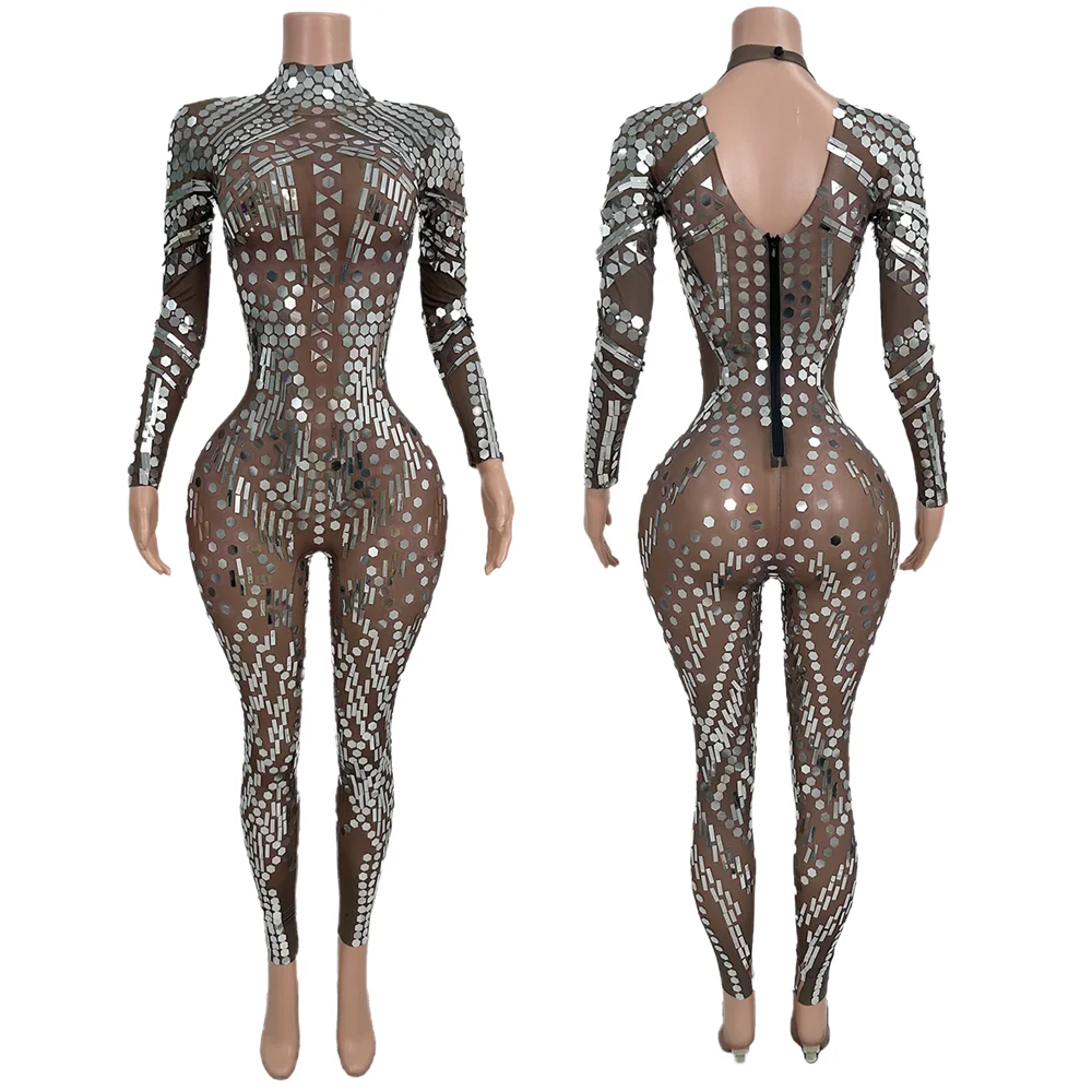 

Sexy Long Sleeves Glitter Sequin One Piece Jumpsuit Women Stripper Outfits Festival Costumes Dance Leotard Skinny Club Rompers