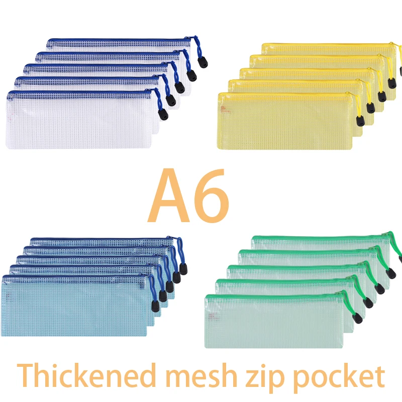 Impermeável Mesh Zipper Pouch, saco de documentos, pastas de arquivos, A6 Pencil Case, sacos de armazenamento, escola e material de escritório, 5-20pcs por conjunto