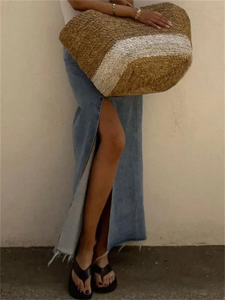 2025 ใหม่สบายๆเอวสูงกระโปรง DENIM ผู้หญิงแยก Maxi Jean กระโปรงฤดูร้อนวันหยุดกระโปรงยาว