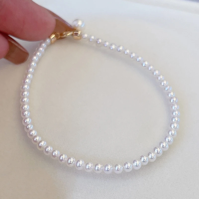 2.5-3mm Natural Aurora Baby Pearl Bead Bracelet for Girls Stacking Wearing with 18K Gold Clasp and 5mm Quality Freshwater Pearl