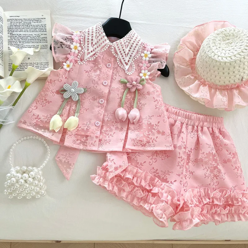 children's-outfit-new-summer-girl-baby-korean-style-fashionable-chic-flutter-sleeve-floral-shirt-with-lace-shorts-two-piece-set
