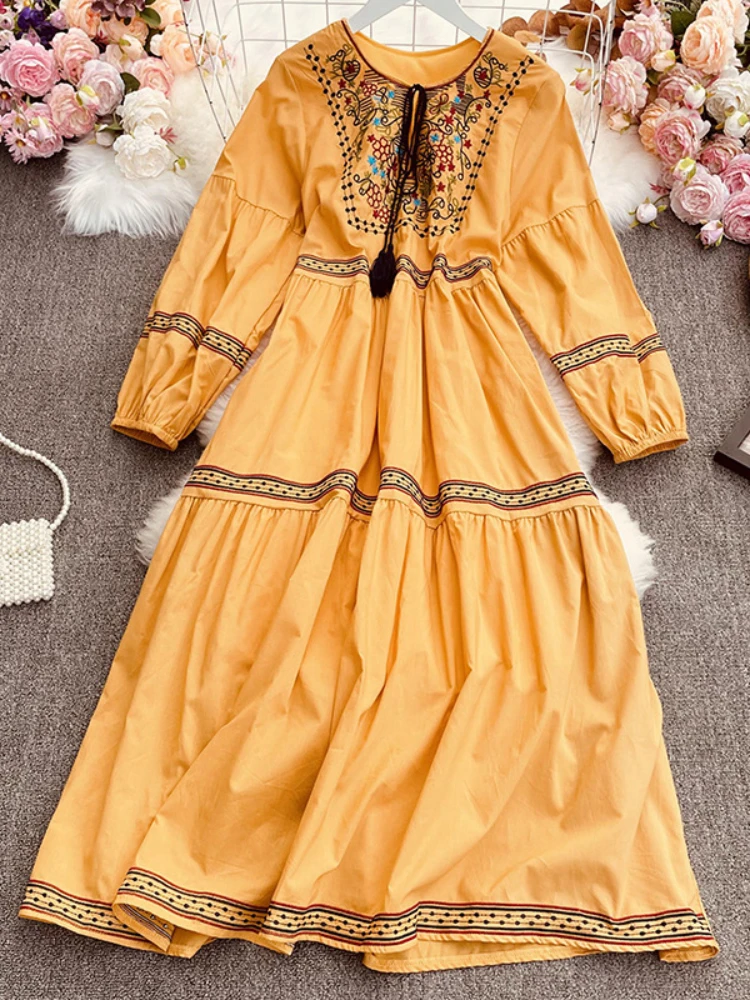 ผู้หญิงวินเทจ Boho ชุดชาติพันธุ์เย็บปักถักร้อย O-คอ Fringe LACE-up พัฟแขนขนาดกลางถึงยาวแฟชั่นหญิงชุด