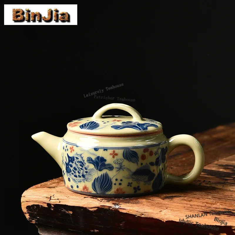 

Applique Fish Algae Pattern Gracked Glaze Teapot Handmade Tea Infuser Pot Tea Soaking Kettle with Ball Hole Drinkware Collection