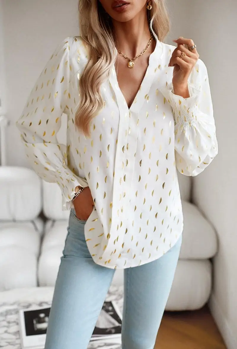 

Elegant Women's Casual T-Shirt 2024 Autumn Casual Hot Stamping Pattern V-Neck Shirt Elegant Vacation Chiffon Long Sleeved Top