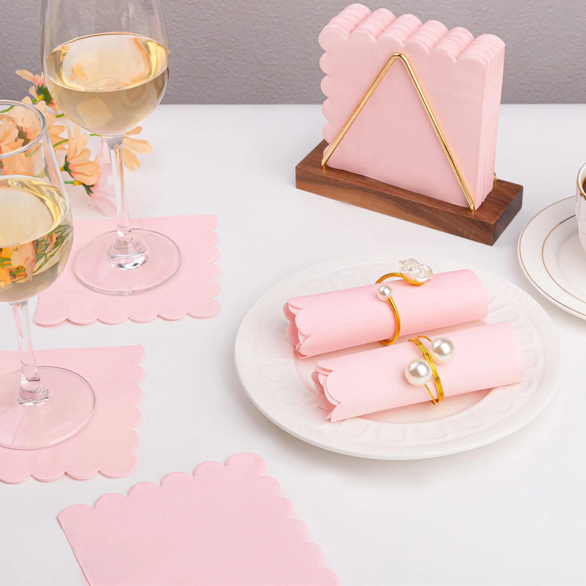 

50Pcs Cocktail Napkin, 2-Ply Scalloped Edged Dessert Napkins Folded 5x5 Inches Disposable Paper Napkins for Dinner Wedding Party