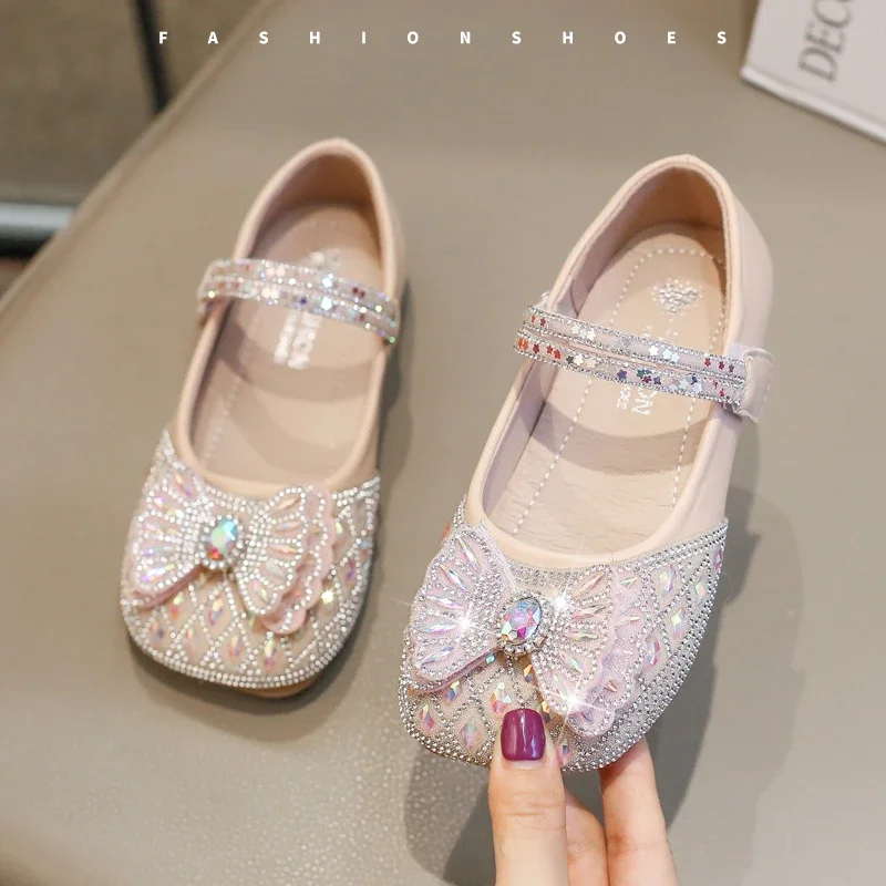 Sapatos de cristal princesa para meninas, sola macia, sapatos de couro infantil para festa, moda casamento, sapatos de desempenho strass infantil 2024