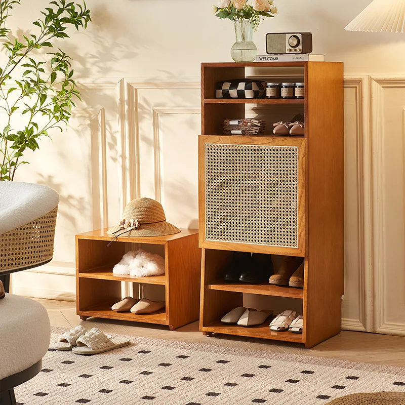 AOLIVIYA Door Entrance Shoe Rack Hallway Cabinet Wood Rattan Layered Designer Stand