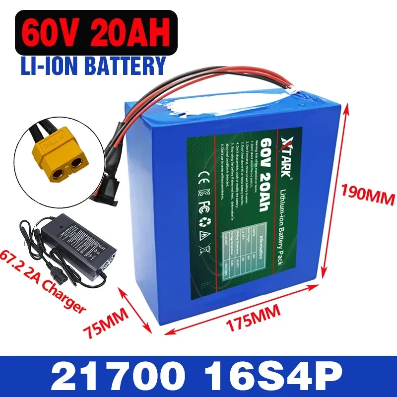 

New 60V 20Ah 21700 Lithium Battery Pack 16S4P 1000W-3000W Motorcycle Scooter Battery +67.2V 2A Charger