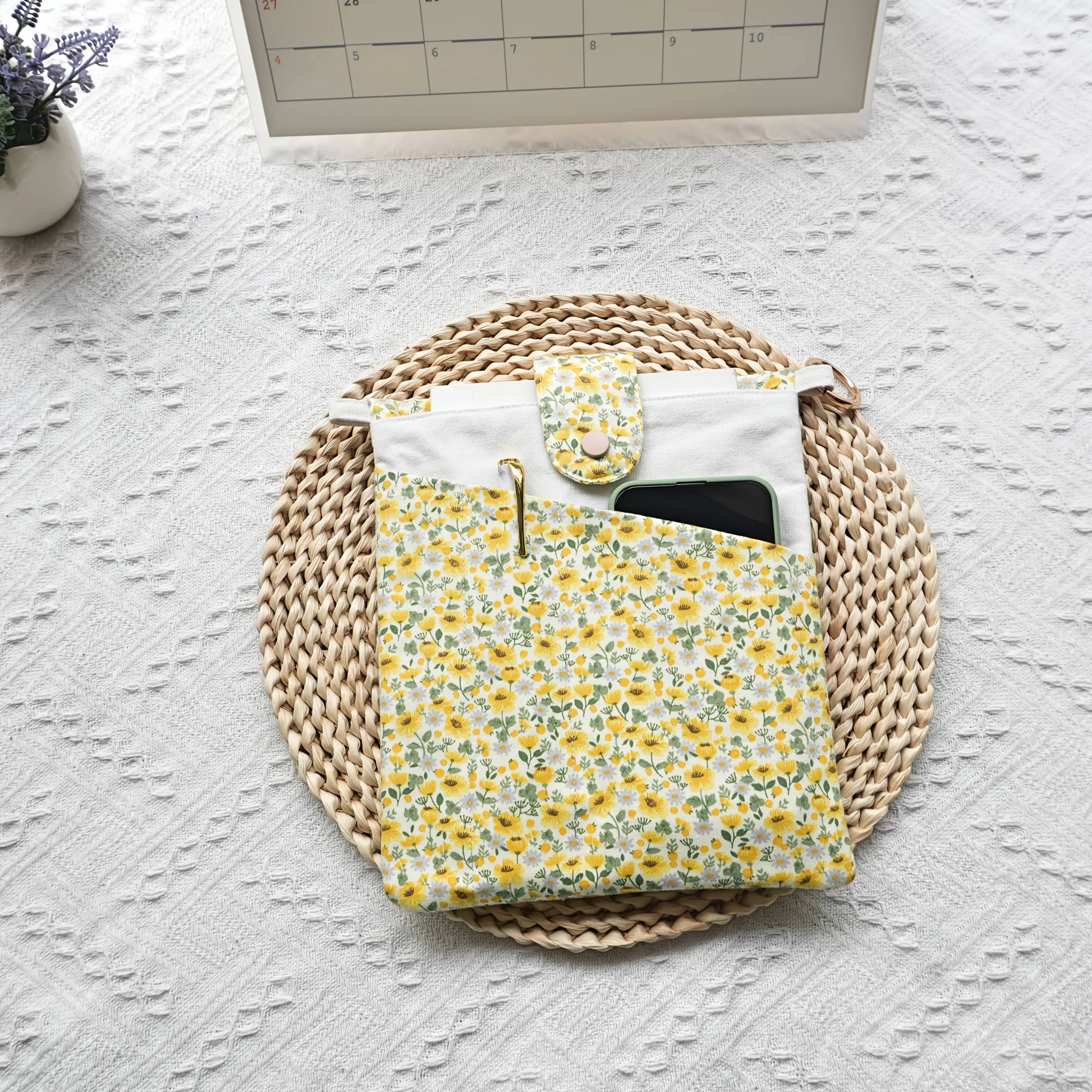 Fromthenon  Yellow floral fragments Canvas Multifunctional Stationery Book Organizer Mobile Phone Organizer Bag Handheld Bag