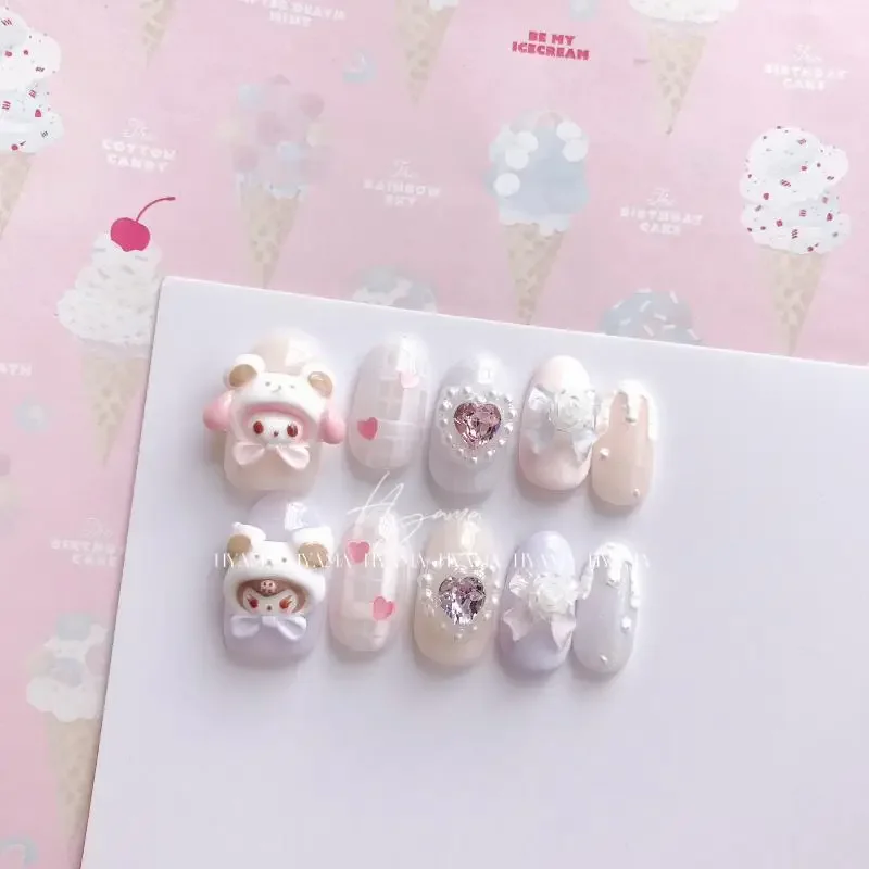 High End Sanrios Hellokitty Wearing Armor Sexy Charm My Melody False Nail Anime Cartoon Detachable Reusable Cute Manicure Gifts