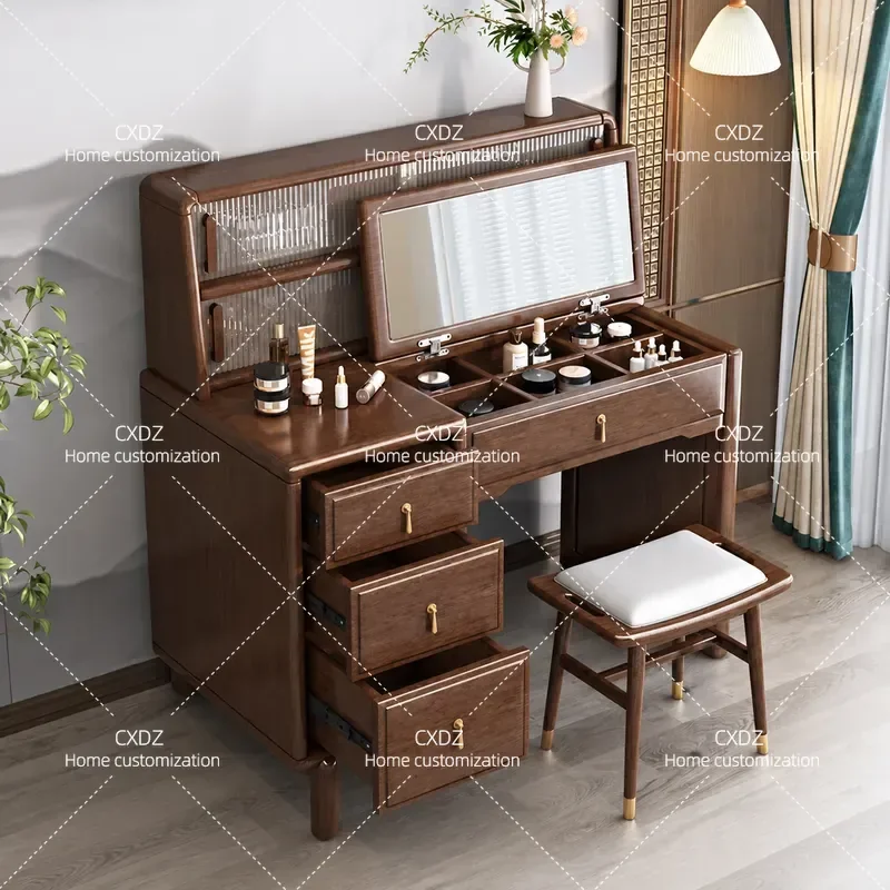 New Chinese Style Solid Wood Dresser Walnut Flip Top Storage Vanity Table with Mirror Dual Purpose Makeup Desk for Small
