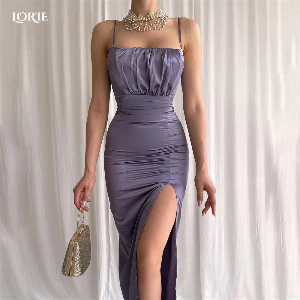 

LORIE Purple Pleats Evening Dresses Ruched Mermaid Side Split Skinny Spaghetti Straps Prom Dress Arabia Dubai Celebrity Gowns