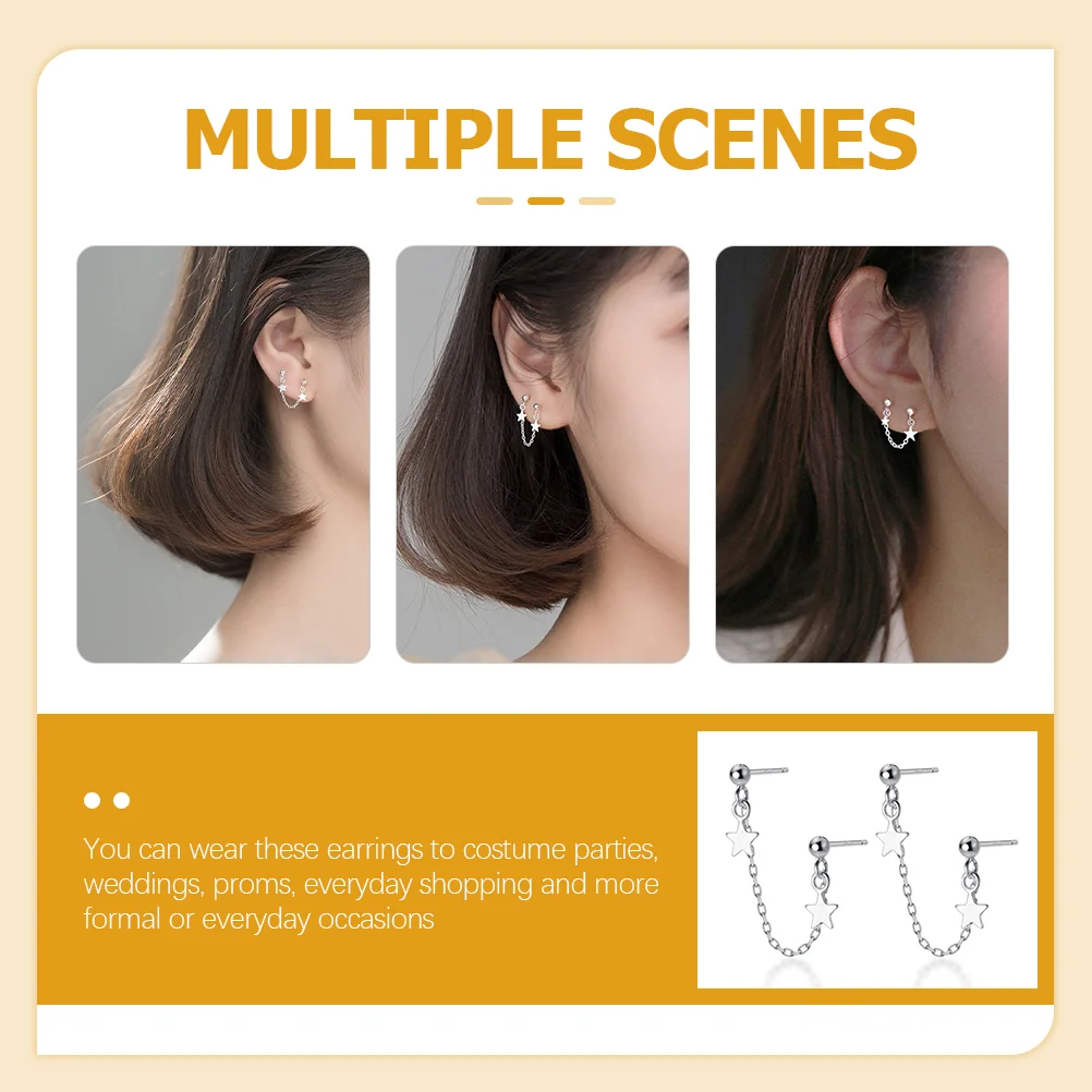 Piercing Earrings Chain Double Star Pearl Stud for Women Pierced Ears Cross Two Holes