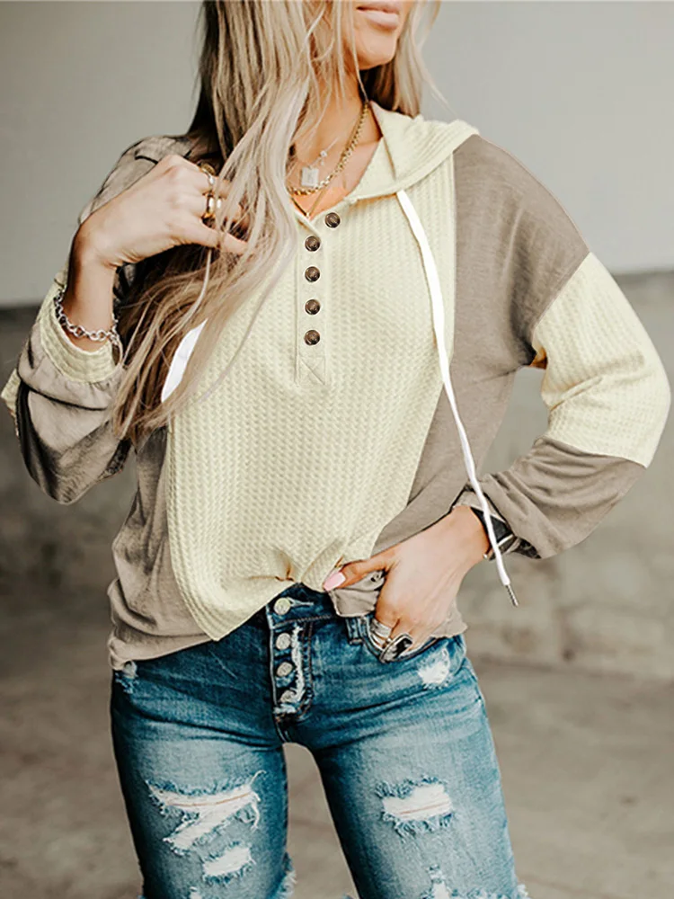 Gypsylady Elegant Chic Patchwork Loose Blouse Sweatshirt Beige V-neck Hooded Long Sleeve Casual Women Ladies Streetwear Tops New