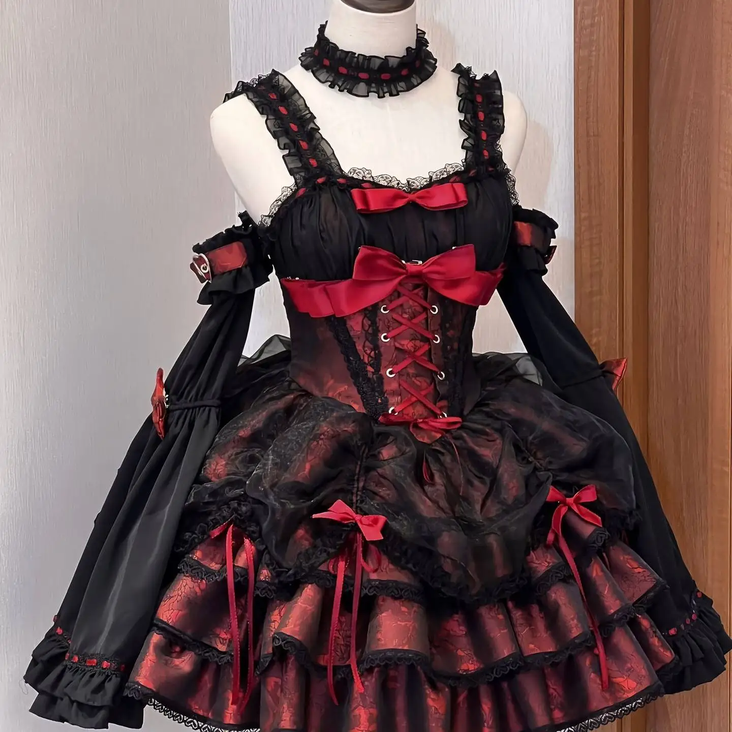 Gothic Red Black Lolita JSK Full Set: Choker + KC Headbow + Arm Sleeves, Vintage Princess Skirt Dress for Women Daily Gift