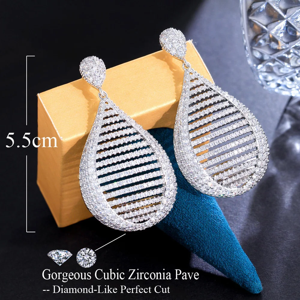 ThreeGraces Luxury Cubic Zirconia Silver Color Long Big Dangle Bridal Wedding Earrings for Women Fashion Brand Jewelry E1112