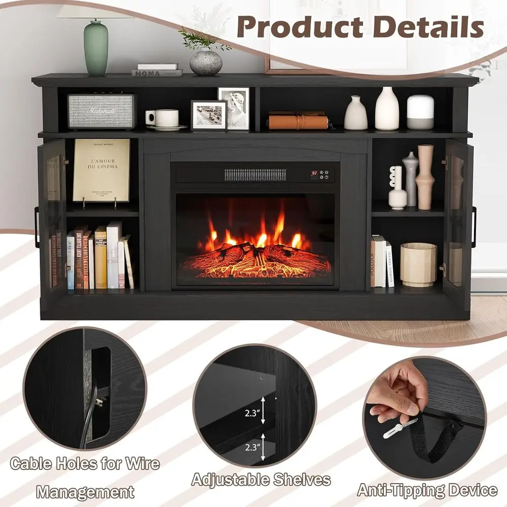 حامل تلفزيون ireplace يصل إلى 40 بوصة و65 بوصة، وتلفزيون مدفأة كهربائية مقاس 58 بوصة، ومركز ترفيه مع خزائن وجهاز تحكم عن بعد