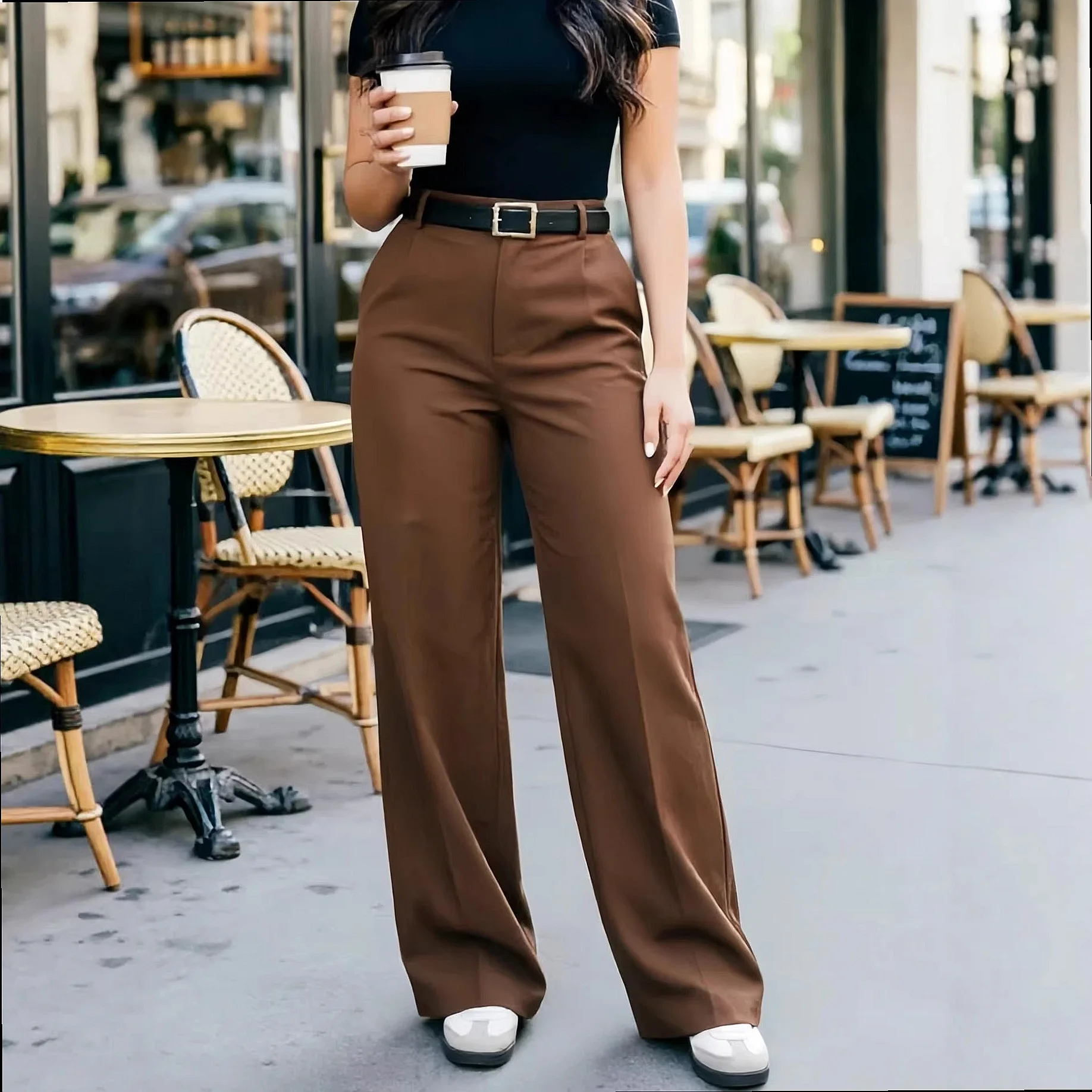 Women's High Waist Straight Leg Trousers Solid Color Dress Pants Casual Long Pants with Belt