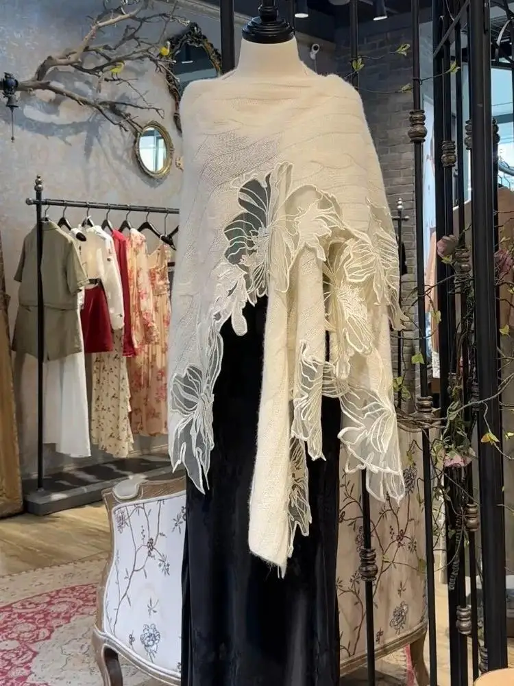 Early Spring Atmosphere Sense High End Old Money Style Apricot Lace Flower Patterned Cowl Neck Wrap Women's Fashion Coat