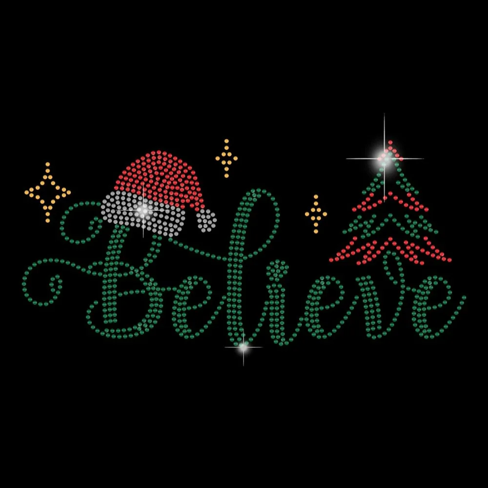 Christmas Believe Iron on Rhinestones Heat Transfer Decal Christmas Tree T-Shirt Crystal Heat Transfer Bling Hot fix