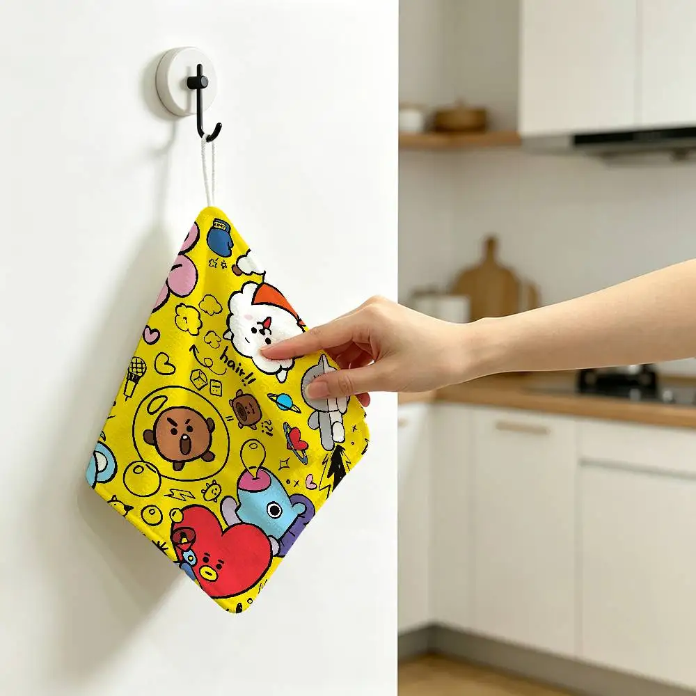 Cute B-bt21-S Logo Polyester Cotton Hand Wiping Towel with Hanging Loop, Lightweight for Home and Commercial Use