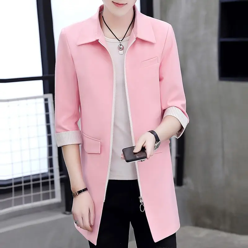 3-A8 Summer casual pink mid-length mid-sleeve zipper windbreaker suit three-quareve suit men's Korean style hairstylist jacket