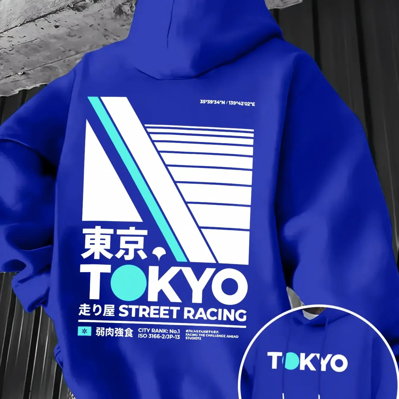Retro JDM Tokyo Racing Double Side Print Men Hoodie Kanji Letter Geometric Stripes Street Fashion Car Guy Long Sleeve Tops