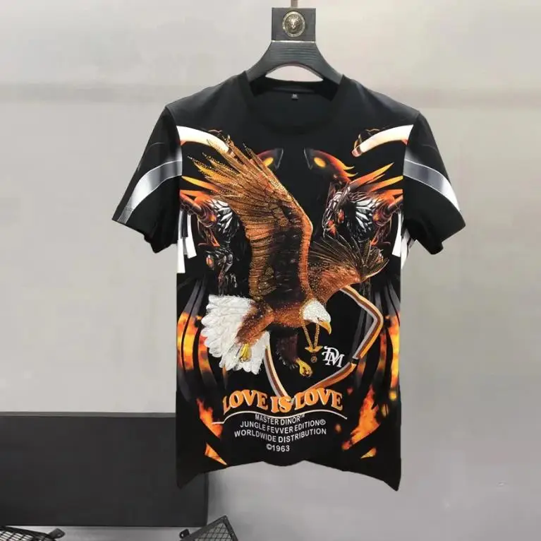 European and American men's wear summer 2024 new Short sleeve round collar imperial eagle hot diamond print Fashion T-shirt