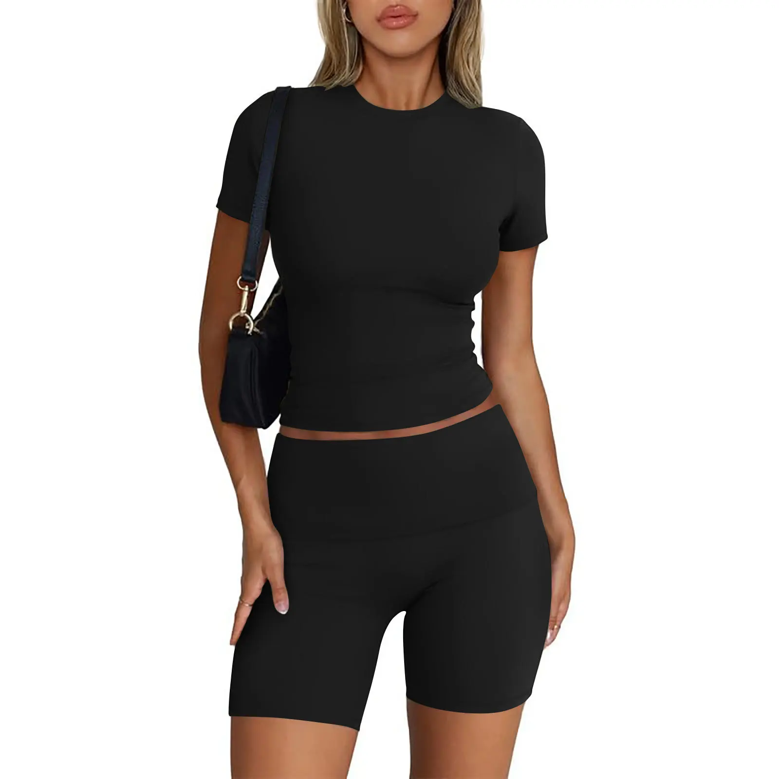 

Sexy Yoga Gym Fitness Suit Ladies Summer Sports Casual High Waist Tight Shorts Top Tights Basic Solid Color Street Casual Suit