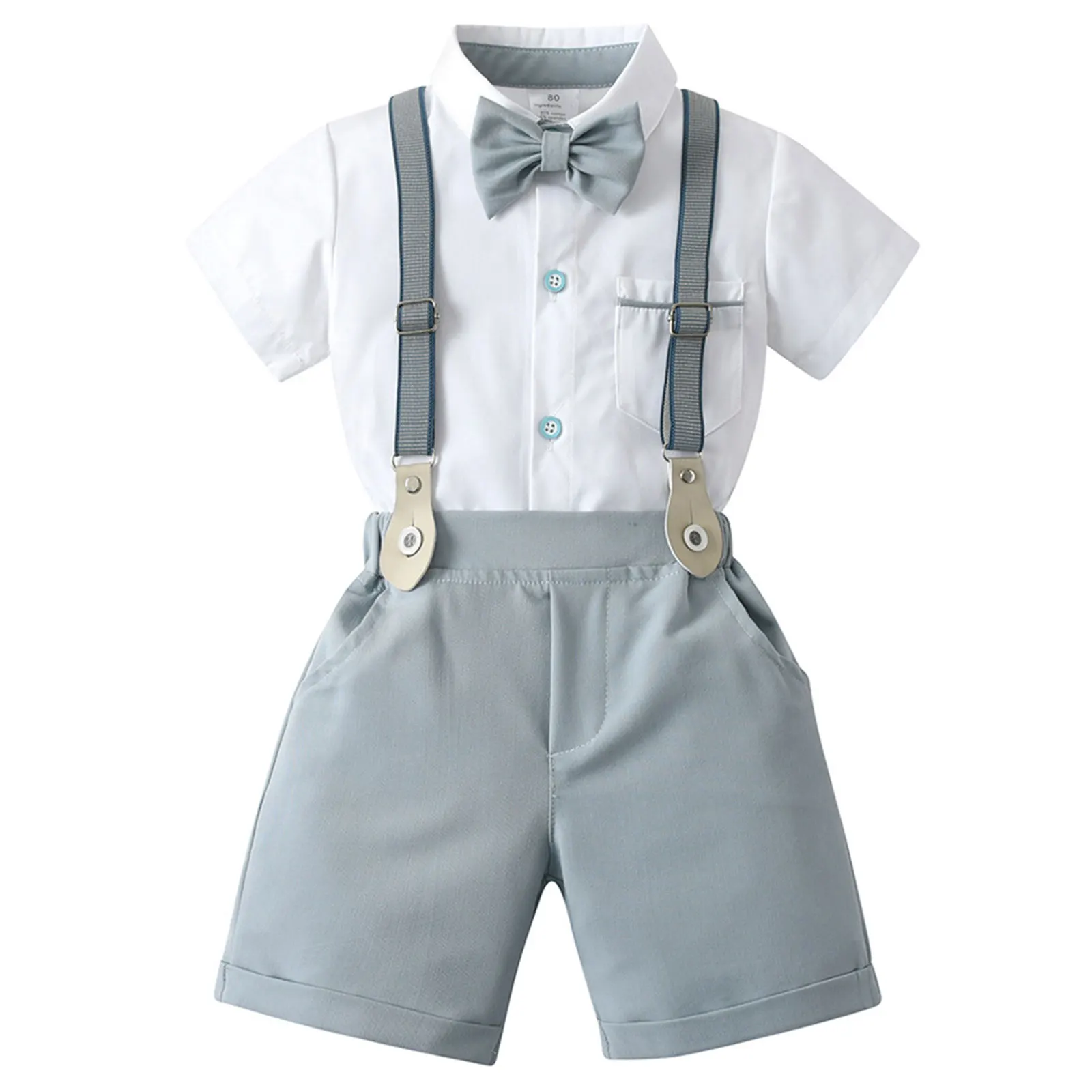 

3Pcs Baby Boys Gentleman Suits Clothes Toddler Formal Birthday Party Short Sleeve Shirt with Bow Tie and Suspender Shorts Set