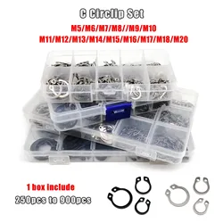 250/500/900pcs 5-20mm C Type External Circlip Kit Set Bearing Shaft Retaining Clip Snap Ring Black 65mn Stainless Steel GB894