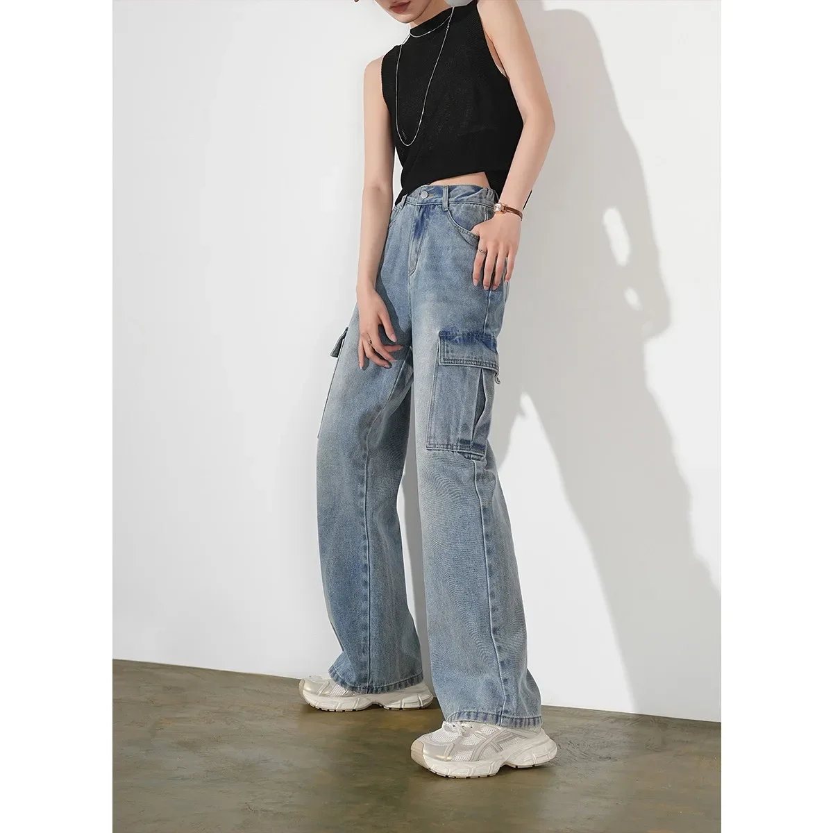 LOUIS YAO 2025 Retro Casualล้างกลับยืดหยุ่นออกแบบกางเกงกางเกงยีนส์ผู้หญิงฤดูร้อนWorkwearสไตล์กระเป๋าขนาดใหญ่กางเกงยีนส์