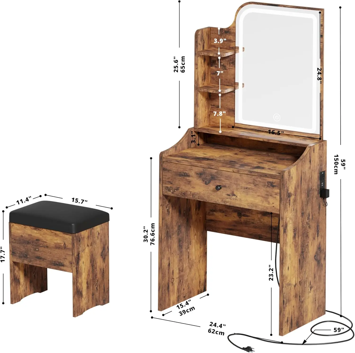 Small Makeup Vanity Desk with Mirror and Lights, Vanity Table Set with Storage Drawer, Chair and Three Shelves