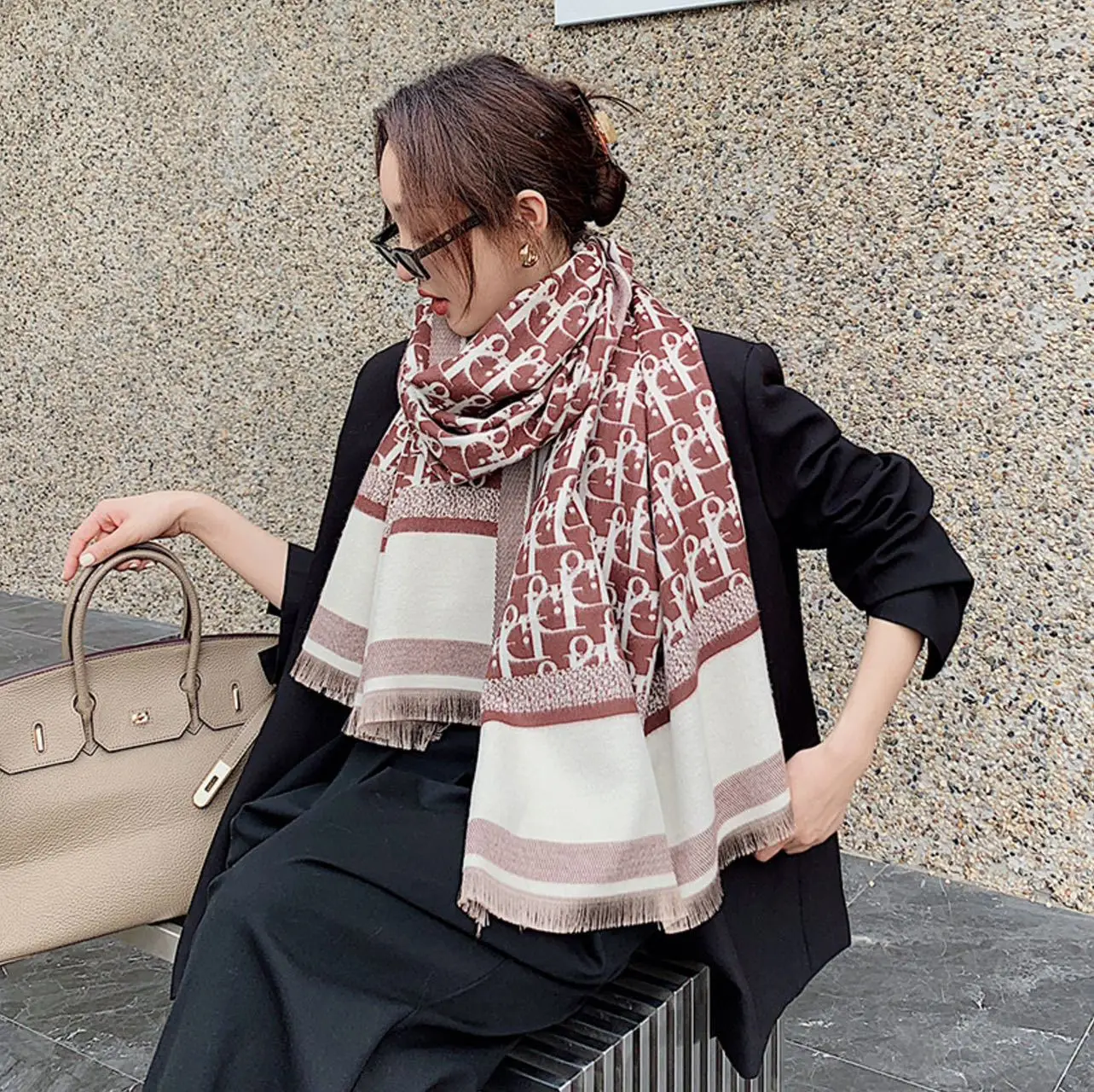 2023 New Arrivals Women's Scarf Alphabet Scarf Thickened Warm Shawl Korean Version Wool-Like Texture Neck Warmer Fashionable