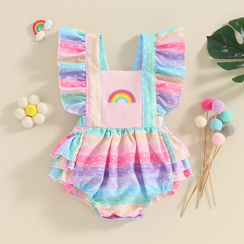 Summer Baby Clothing Infant  Girl Rompers Fly Sleeve Square Neck Rainbow Print Cotton Bodysuit Jumpsuits For Newborn Clothes