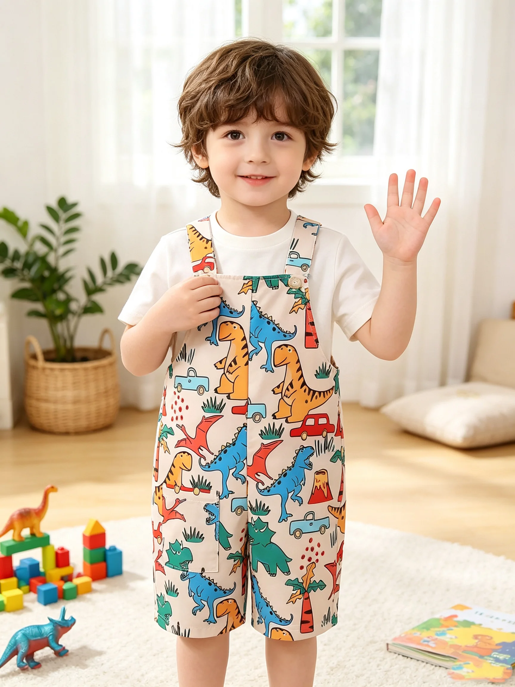 Boys' Casual Comfortable Cartoon Dinosaur Pattern Overalls Set Cute Daily Outdoor Wear Summer Outfit for Kids