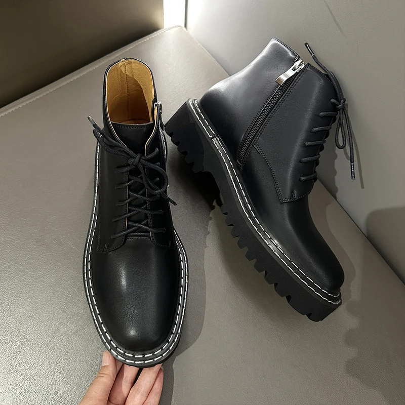 

Модная женская обувь, ботильоны из натуральной кожи, женские роскошные короткие ботинки на мягкой подошве, новые нескользящие кружевные ботинки на платформе с круглым носком