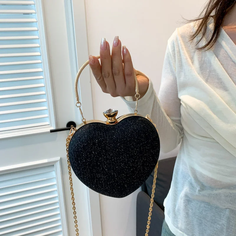 Abend Clutch Tasche Frauen Tasche Glänzende Handtasche Herz Form Metall Kupplungen Tasche Mode Kette Schulter Umhängetasche Luxus Dame Geldbörse – Detail 9