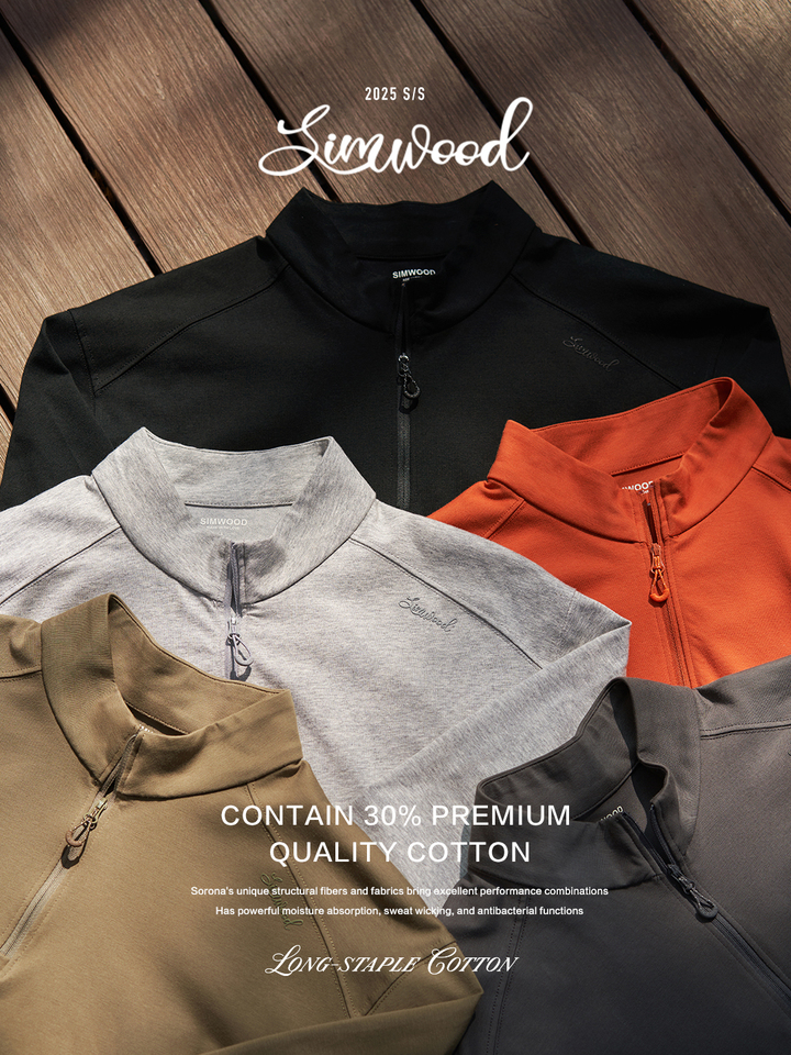  SIMWOOD 2025 Autumn New Regular Fit 230gsm Breathable Sorona Fabric Long Sleeve T-shirts Men Half-zip Basic Tops 